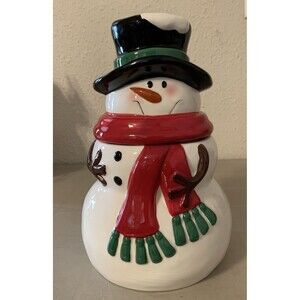 Vintage NOS Ceramic Snowman Cookie Jar W/ Red Scarf & Black Hat Christmas Winter
